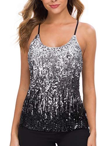 Maner Womens Sequin Tops Glitter Party Strappy Tank Top Sparkle Cami