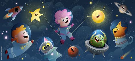 Space Travel With Kids Dog And Cat Ufo Alien Baby Cosmonaut Cartoon