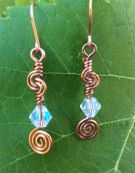Handmade Copper Earrings Knot Coils Spirals And Clear Bicone