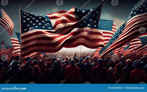 Group Of People Waving American Flags In Back Lit Stock Illustration