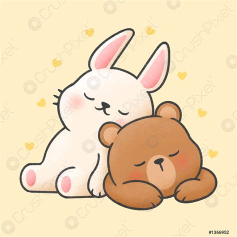 Rabbit And Bear Sleeping Together Cartoon Hand Drawn Style Stock