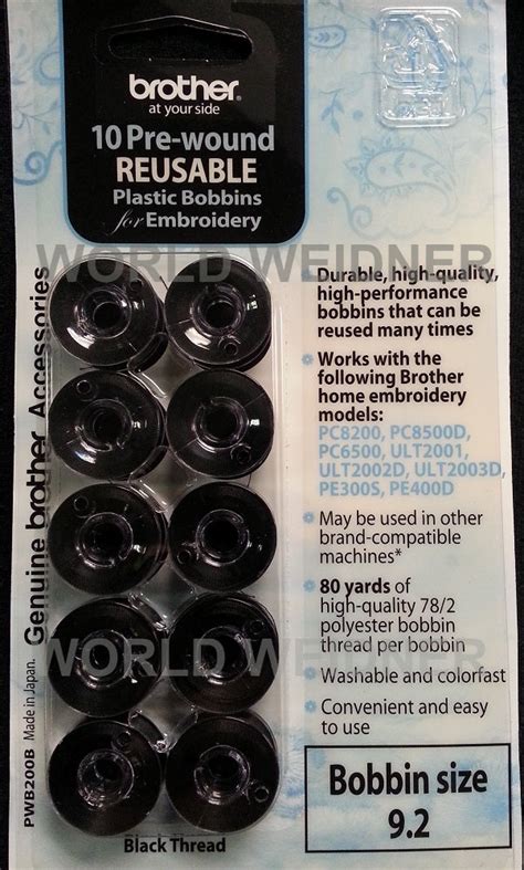 Brother PWB200B SA155 Pre Wound Black 60 Weight Embroidery Bobbin Thread