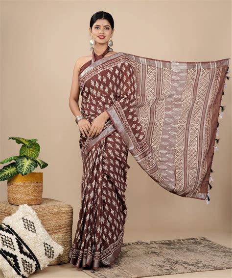 shivanya handicrafts women s linen hand block printed saree with blouse piece cl 029 at rs 650