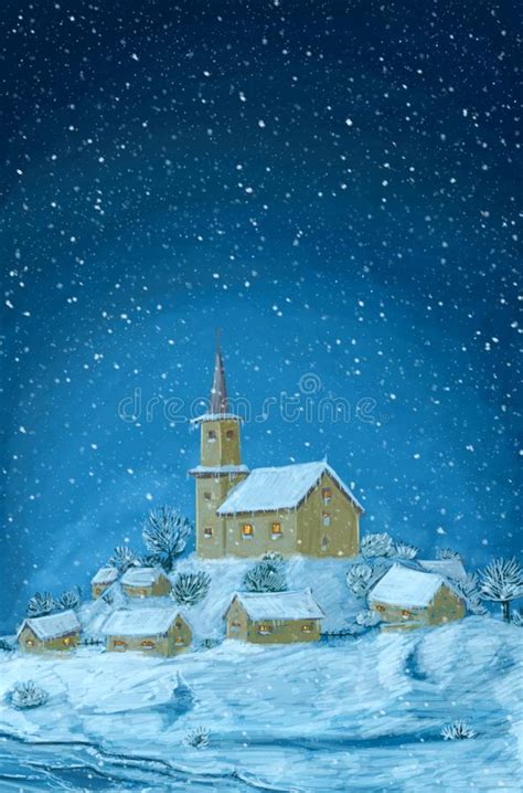 Digital Painting Of Snowy Christmas Winter Village With Small Church On