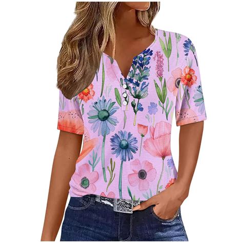 Brnmxoke Womens Casual V Neck T Shirts 2024 Summer Trendy Floral Print Buttons Short Sleeve