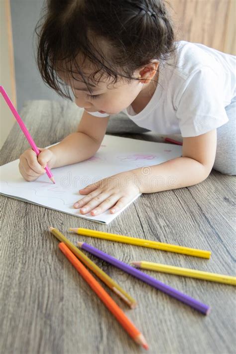 Top View Of Kid Drawing With Color Pencil Stock Image Image Of Girl