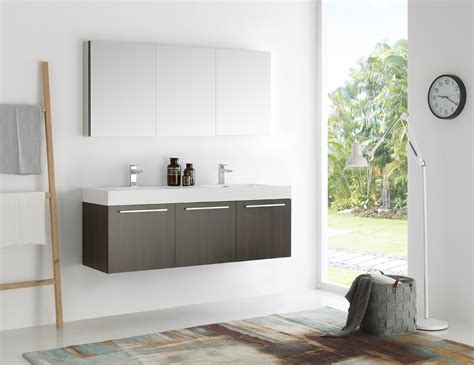 60 gray oak wall hung double sink modern bathroom vanity with faucet medicine cabinet and