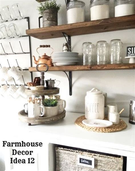 Farmhouse Coffee Bar On The Counter With Rustic Diy Shelves Clutter
