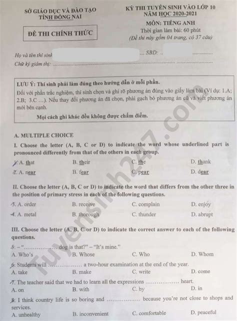 Cập nhật mới nhất những thông tin tuyển sinh lớp 10 năm 2020 tphcm từ các trường và sở gd&đt. Đáp án đề thi vào lớp 10 môn Anh năm 2020 tỉnh Đồng Nai