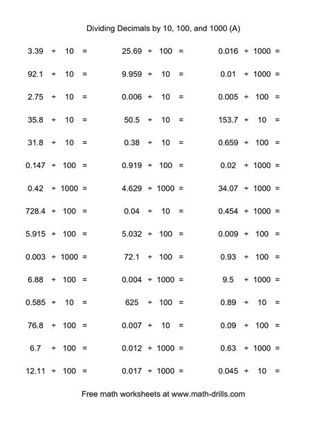 Decimal Division By 10 100 And 1000 Worksheet