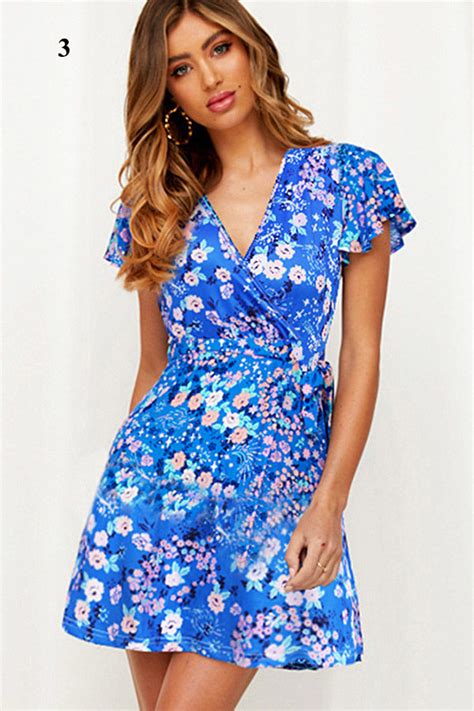 Hualong Summer Sexy V Neck Short Sleeve Floral Dresses Short