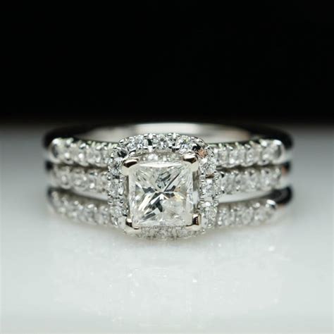 Holiday Sale Princess Cut Diamond Halo Engagement Ring And Two Wedding