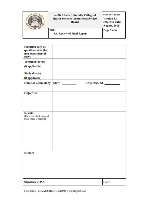 Final Report Form College Of Health Sciences