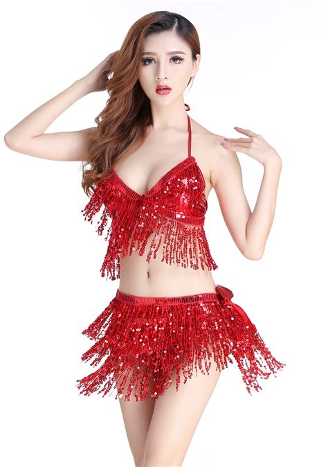 Womens Belly Dance Costume Sequin Fringe Bra Top And Hip Scarf Skirt Sexy Halloween Dancing