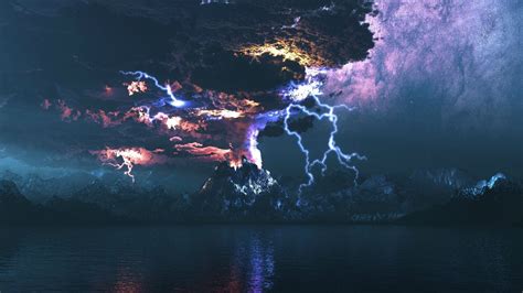 Wallpaper Digital Art Fantasy Art Sea Night Lake Reflection Sky