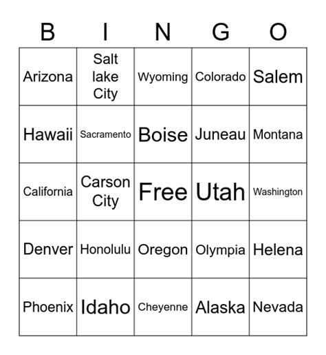 Us States And Capitals Bingo Card