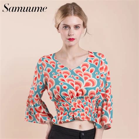 Samuume Fashion Print Women Shirts 2017 Elegant Three Quarter Butterfly Sleeve Sexy V Neck Slim