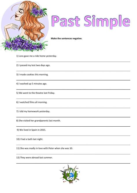 The Past Simple Worksheet Is Shown In Purple And Green Colors With An