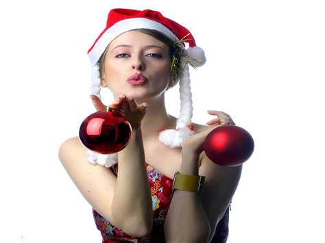 Christmas Kiss Père Noël Rouge Baiser Fille Boules Casquette Fond