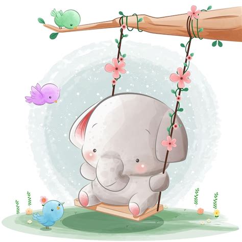 Premium Vector Cute Baby Elephant Playing On The Swing Watercolor