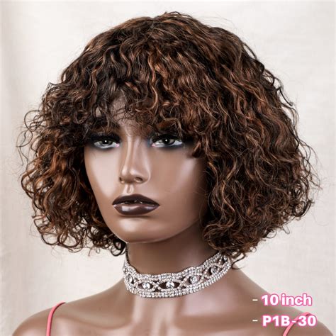 Curly Human Hair Wigs Bangs Brazilian Curly Wig Bangs Curly Honey Human Hair Wig Full