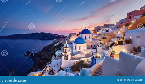 Beautiful View The Blue Domed Churches In The Village Of Oia Santorini