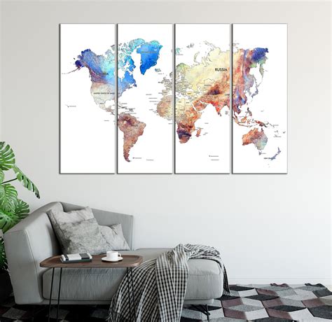 Watercolor World Map Canvas Print Large Detailed World Map Canvas Art
