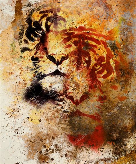 Tiger Collage On Color Abstract Background And Mandala With Ornament