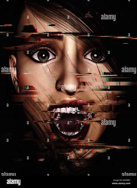 3d Illustration Of Woman Screaming In The Dark With Glitch Effect