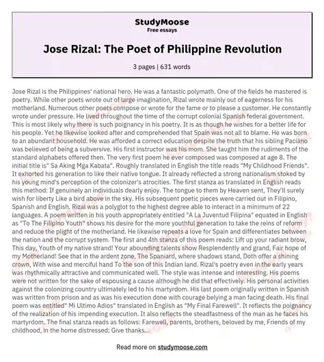 Jose Rizal The Poet Of Philippine Revolution Free Essay Example