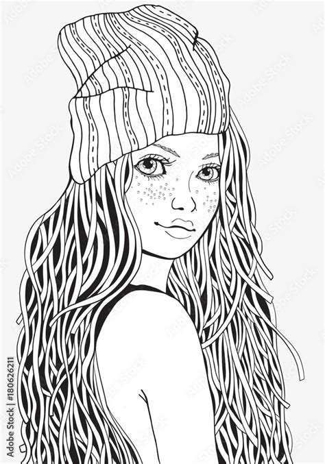 Cute Girl Coloring Book Page For Adult A4 Size Black And White