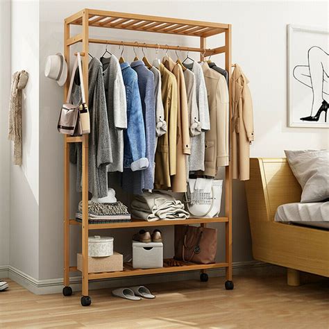Bamboo Garment Closet Rack Clothes Storage Organizer Hanging Rail Shelf