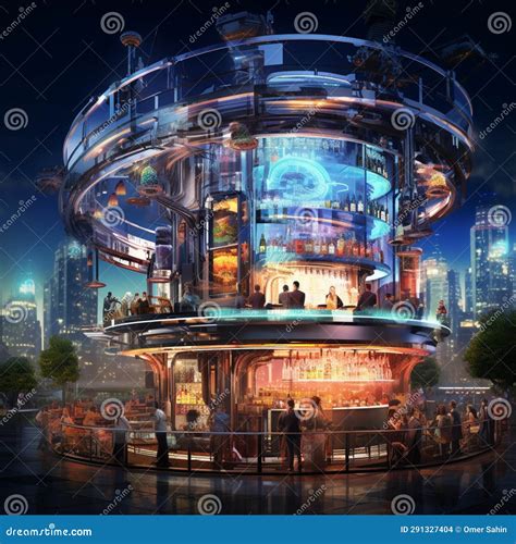 Futuristic Bar Scene In A Bustling Cityscape With An Extravagant