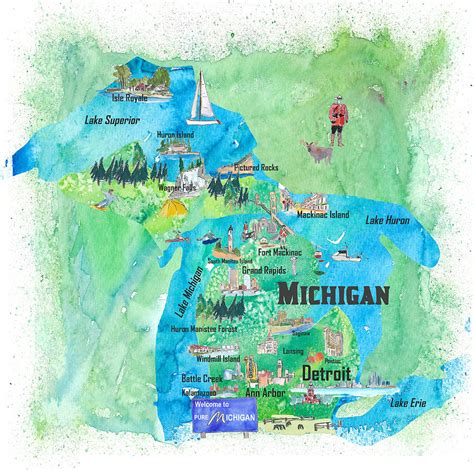 Michigan Usa State Illustrated Travel Poster Favorite Tourist Map