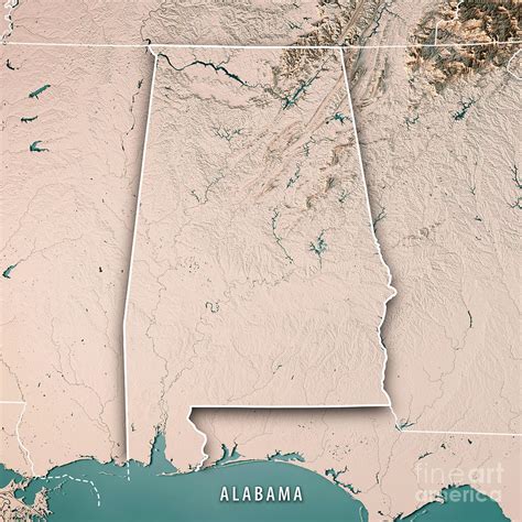 Alabama State Usa 3d Render Topographic Map Neutral Border Digital Art