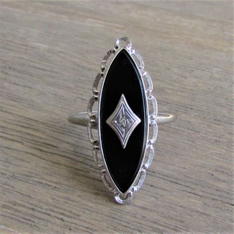 Vintage Onyx Marquise Ring Marquise Black Onyx And Diamond Etsy