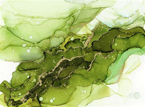 Green Olive And Gold Abstract Ink Painting By Olga Shvartsur
