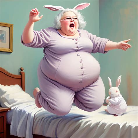 fat grandma jumping on bed romper suit with bunnies muted colo arthub ai