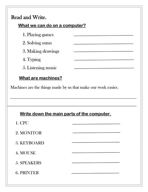 Grade 1 Computer Worksheet Parts Of Computer 2nd Grade Worksheets