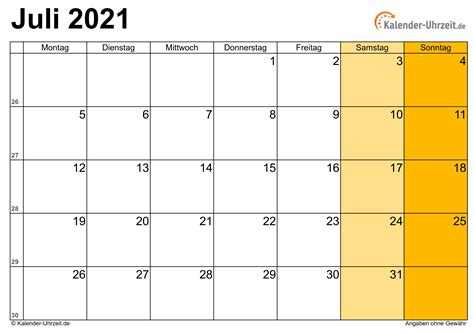 Free printable july 2021 calendar. Juli 2021 Kalender mit Feiertagen
