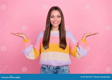 Portrait Of Cheerful Pretty Lady Arms Palms Hold Demonstrate Empty