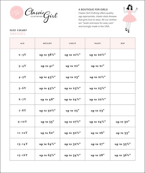Size Chart Classic Girl Clothing