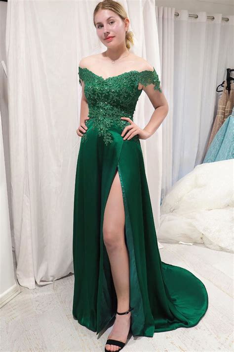 High Slit A Line Off The Shoulder Emerald Green Long Prom Dress