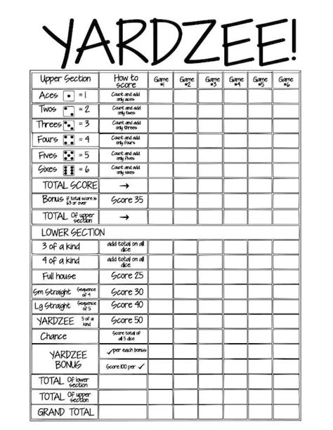 Free Printable Yardzee Scorecard Printable Templates