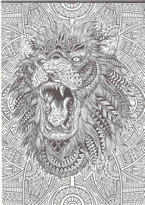 A Drawing Of A Lions Head With An Intricate Pattern On The Back Ground