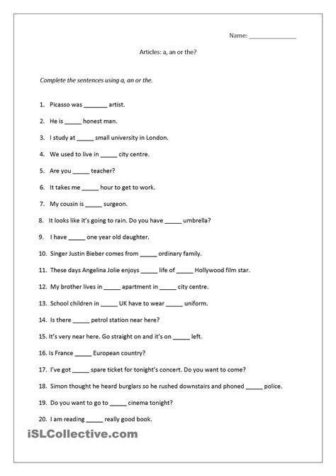 Articles worksheet (a, an, the) includes answers. | Articles worksheet, English worksheets for ...