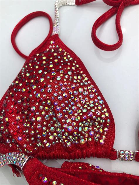 Red Bikini Competition Suit Beaded Rhinestone Stunning Ab And Red Crystals