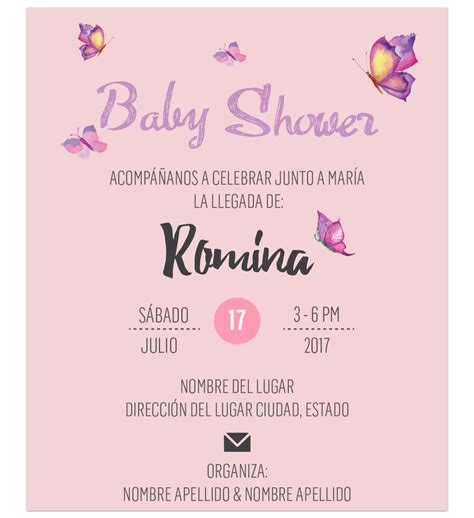 Ejemplos de invitaciones para baby shower a continuación te dejamos 3 ejemplos, e indicaremos sus características principales. Invitación Baby Shower Mariposa Lista para Imprimir