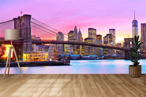 Brooklyn Brücke Panorama Fototapete Rosa Sonnenuntergang Tapete New