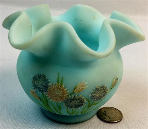 Lot Vintage Fenton Blue Satin Glass Hand Painted Artist Signed Glitter Floral Pattern Bowl Vase
